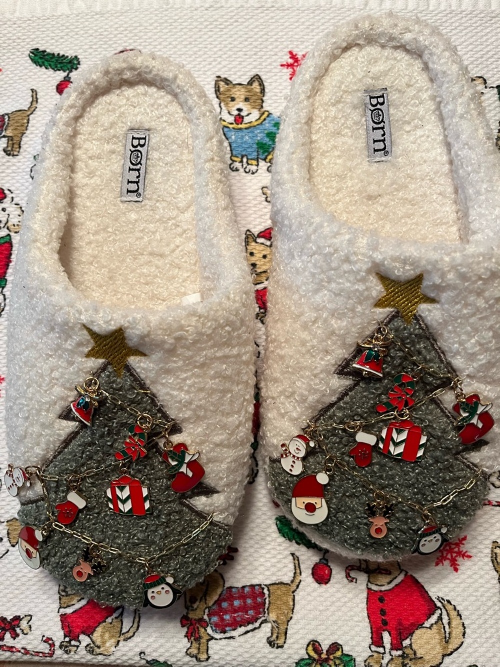 Born White Boucle Tree Charm Holiday Slippers
